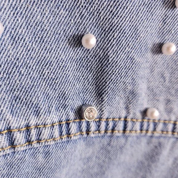 Medium Wash Pearl and Diamond Embellished Denim Jacket - Picture 3 of 6